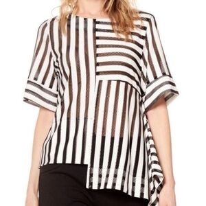 Gracia Black White Striped Asymmetrical Tunic Top L